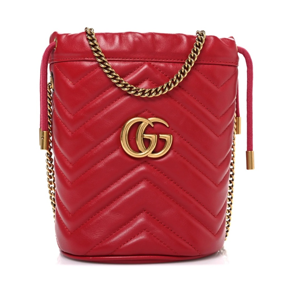 GUCCI Calfskin Matelasse Mini GG Marmont Bucket Bag Hibiscus Red w/COA (43700)